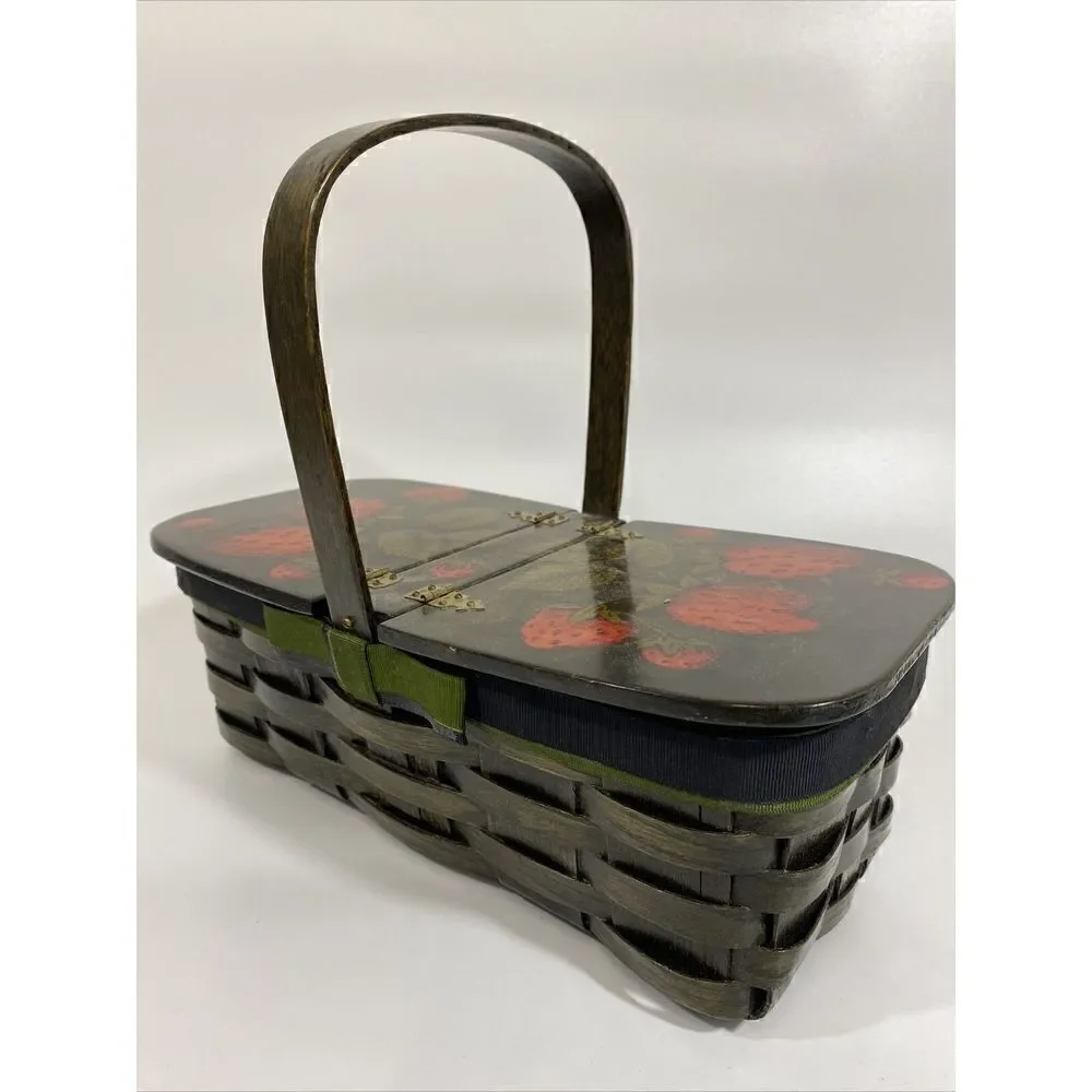 Vintage Woven Sewing Picnic Basket Purse Lined w/StrawberryDecoupaged Wooden Lid